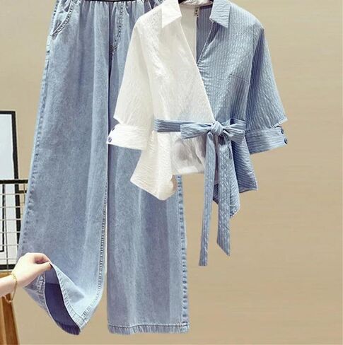 Women's Summer Chiffon Shirt Set Elegant Casual Blouse Elastic Waist Jeans Pant Two Piece Set in Saudi Arabia