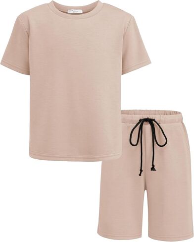 تي شيرت Arshiner للأولاد بأكتاف منسدلة وشورت خصر برباط مع سلسلة وقلادة ملابس صيفية كاجوال (5-12 سنة) in Kuwait