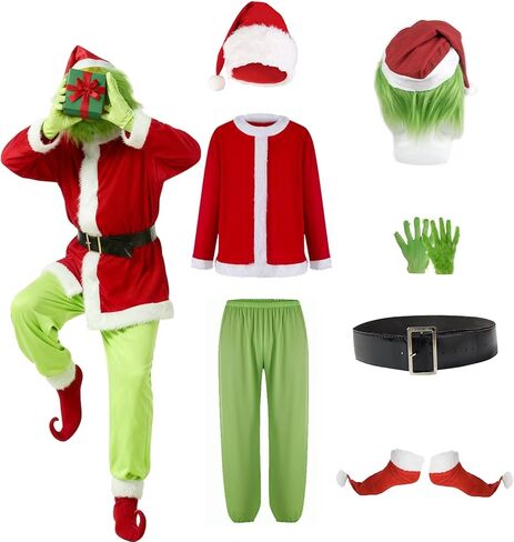بدلة Adrinfly Christmas Green Big Monster Santa للبالغين، 7 قطع فاخرة من ملابس سانتا التنكرية مع قناع مقاس XXL in Kuwait