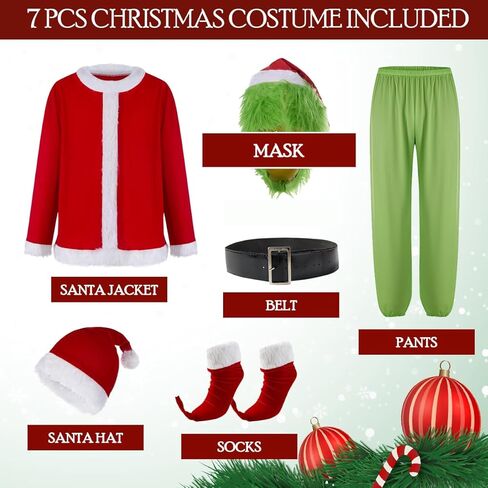 بدلة Adrinfly Christmas Green Big Monster Santa للبالغين، 7 قطع فاخرة من ملابس سانتا التنكرية مع قناع مقاس XXL in Kuwait