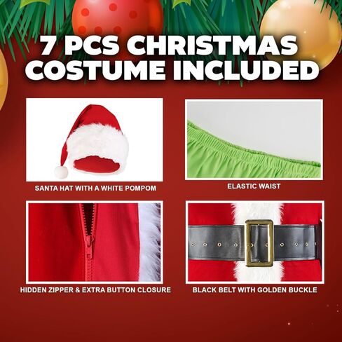بدلة Adrinfly Christmas Green Big Monster Santa للبالغين، 7 قطع فاخرة من ملابس سانتا التنكرية مع قناع مقاس XXL in Kuwait