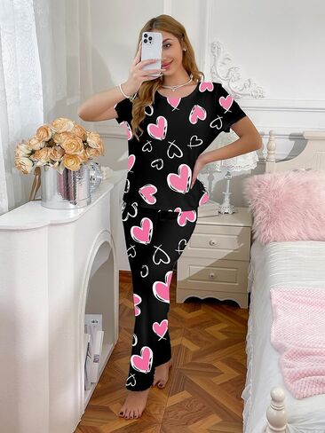 Women's Pajamas Set Soft Comfortable Sleepwear Cherry Print Nightwear Long Pants in Saudi Arabia