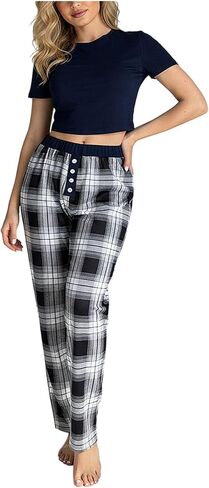 Women's 2 Piece Pajama Set Short Sleeve Crop T Shirt and Plaid Button Front Pants Loungewear in Saudi Arabia