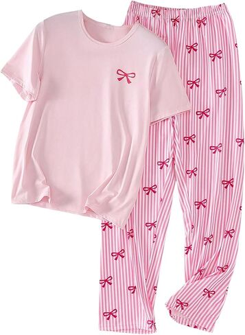 Women's 2 Piece PajamaSet Bow Graphic T Shirts and Striped Wide Leg Pants Pj Ser Soft Sleepwear in Saudi Arabia