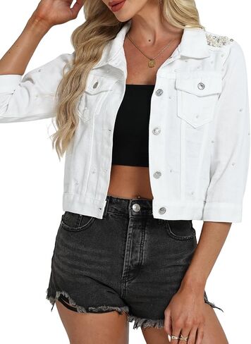LifeShe Women's Pearls Denim Jacket 3/4 Sleeve Cropped Rhinestones Jean Jackets Trucker Coat in Saudi Arabia