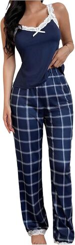 Milumia Women's 2-Piece Pajama Set Lace Trim Bow Cami and Plaid Pants Pajama Set in Saudi Arabia