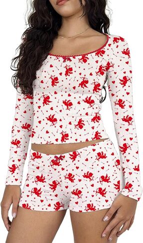 SOLILOQUY Women 2 Pieces Lounge Set Heart/Angel/Bow Print Long Sleeves Ribbed Crop Tops Y2K Pj Shorts Matching Pjs in Saudi Arabia