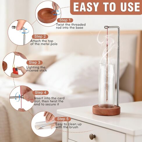 EMETE Wooden Incense Holder with Glass Ash Catcher, Retractable Vertical Incense Burner for Yoga Spa Room Decor, Mess-Free Ash Collector for Meditation, Home Office Decor in Saudi Arabia