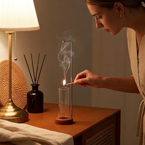 EMETE Wooden Incense Holder with Glass Ash Catcher, Retractable Vertical Incense Burner for Yoga Spa Room Decor, Mess-Free Ash Collector for Meditation, Home Office Decor in Saudi Arabia