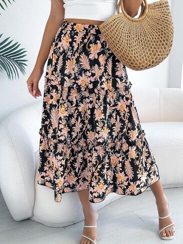 Women's Summer Skirts Fashion Boho Long Skirt Trendy Floral Print High Waist Beach Skirt Vacation Outfit in Saudi Arabia