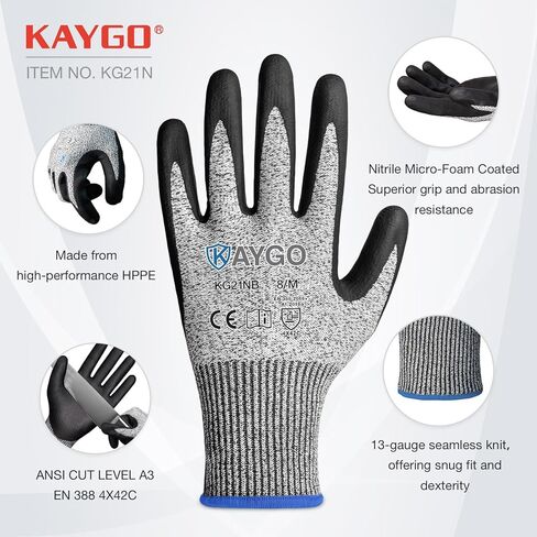 KAYGO Cut Resistant Work Gloves for Men and Women, ANSI A3 Cutting Gloves, Nitrile Micro-Foam Safety Gloves KG21NB, Ideal for Wood Carving, Glass Handling, Construction, Fishing, L, Grey, 2 Pairs in Saudi Arabia