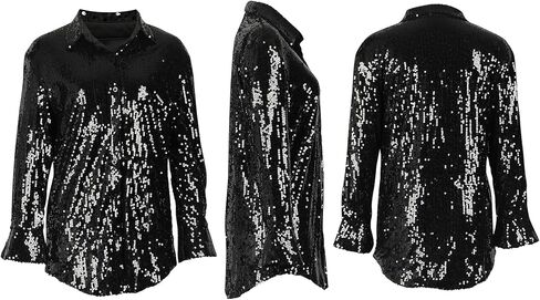 Geulis Womens Sequin Shirt Dresses Sparkly Glitter Button Down Long Sleeve Shirts Tops Blouses Party Club Mini Dress in Saudi Arabia