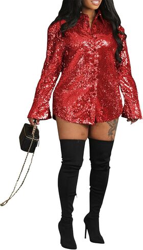 Geulis Womens Sequin Shirt Dresses Sparkly Glitter Button Down Long Sleeve Shirts Tops Blouses Party Club Mini Dress in Saudi Arabia