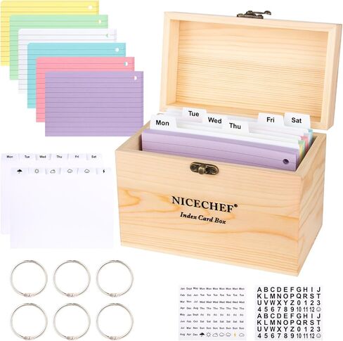 حامل بطاقة مؤشر 4 × 6، صندوق وصفات خشبي مع 300 قطعة منظم بطاقات فلاش، 12 فواصل بيضاء، 6 حلقات معدنية، 2 ملصق، للمكتب، الأعمال، حاملات بطاقات فلاش للمكتب المنزلي in Kuwait