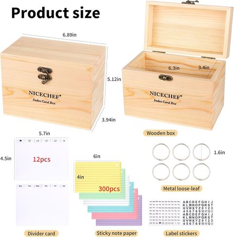 حامل بطاقة مؤشر 4 × 6، صندوق وصفات خشبي مع 300 قطعة منظم بطاقات فلاش، 12 فواصل بيضاء، 6 حلقات معدنية، 2 ملصق، للمكتب، الأعمال، حاملات بطاقات فلاش للمكتب المنزلي in Kuwait