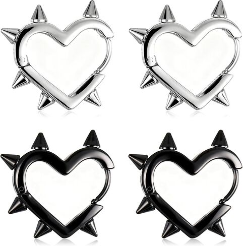 2 Pairs Hoop Spike Heart Earrings, Silver Black Heart Hoop Earrings, Gothic Punk Y2k Earrings, Stainless Steel, Jewelry Gift for Women Men in Saudi Arabia