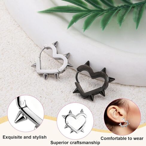 2 Pairs Hoop Spike Heart Earrings, Silver Black Heart Hoop Earrings, Gothic Punk Y2k Earrings, Stainless Steel, Jewelry Gift for Women Men in Saudi Arabia