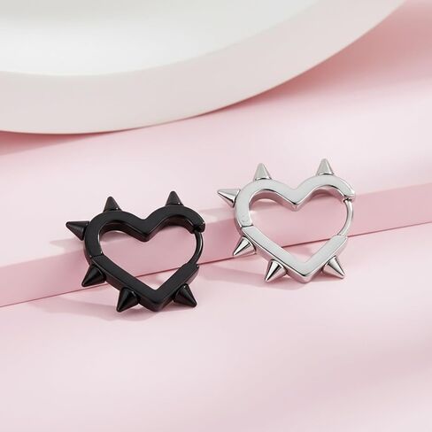 2 Pairs Hoop Spike Heart Earrings, Silver Black Heart Hoop Earrings, Gothic Punk Y2k Earrings, Stainless Steel, Jewelry Gift for Women Men in Saudi Arabia