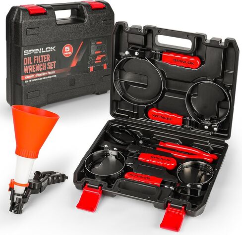 Spinlok 5-Piece Swivel Oil Filter Wrench Set with Stainless Steel Band & Adjustable Oil filter Pliers Cover 2-3/4" to 5-1/4", 9" & 12" with Non-Slip Grip Organized in Sturdy Tool Set & Oil Funnel in Saudi Arabia
