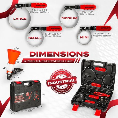 Spinlok 5-Piece Swivel Oil Filter Wrench Set with Stainless Steel Band & Adjustable Oil filter Pliers Cover 2-3/4" to 5-1/4", 9" & 12" with Non-Slip Grip Organized in Sturdy Tool Set & Oil Funnel in Saudi Arabia