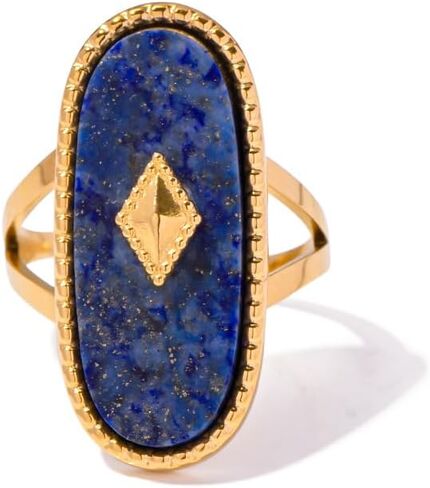 Natural Lapis Lazuli/African Jade Western Chunky Statement Rings, 18K Gold Plated Exaggerated Resizable Rings, 10 * 25MM Cut Gemstone, Stackable Fashion Ring for Women in Saudi Arabia