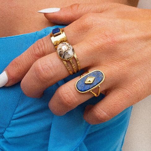 Natural Lapis Lazuli/African Jade Western Chunky Statement Rings, 18K Gold Plated Exaggerated Resizable Rings, 10 * 25MM Cut Gemstone, Stackable Fashion Ring for Women in Saudi Arabia