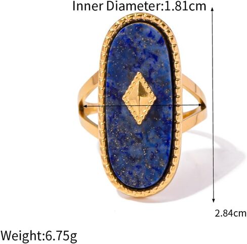 Natural Lapis Lazuli/African Jade Western Chunky Statement Rings, 18K Gold Plated Exaggerated Resizable Rings, 10 * 25MM Cut Gemstone, Stackable Fashion Ring for Women in Saudi Arabia
