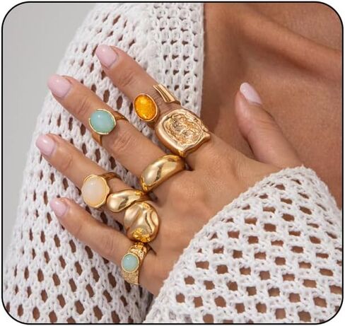 Chunky Gold Rings for Women,Vintage Rhinestone Stackable Knuckle Rings Set Statement Irregular Adjustable Rings Minimalist Fashion Beach Jewelry in Saudi Arabia