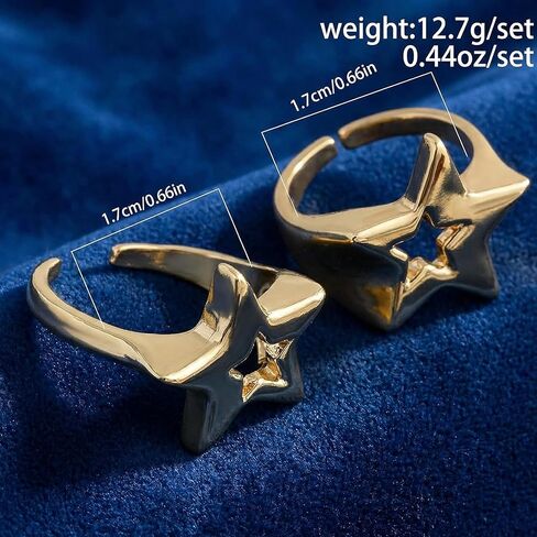 2 حزمة من خواتم النجوم المكتنزة ذات اللون الذهبي للنساء، حلقات إصبع مفتوحة Y2K نجمة، مجوهرات مفصل خماسية قابلة للتعديل لهدايا حفلات الهيب هوب الشرير الرائعة in Kuwait