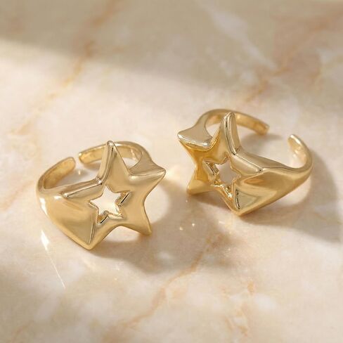 2 حزمة من خواتم النجوم المكتنزة ذات اللون الذهبي للنساء، حلقات إصبع مفتوحة Y2K نجمة، مجوهرات مفصل خماسية قابلة للتعديل لهدايا حفلات الهيب هوب الشرير الرائعة in Kuwait