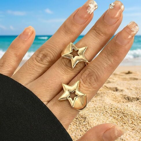 2 حزمة من خواتم النجوم المكتنزة ذات اللون الذهبي للنساء، حلقات إصبع مفتوحة Y2K نجمة، مجوهرات مفصل خماسية قابلة للتعديل لهدايا حفلات الهيب هوب الشرير الرائعة in Kuwait