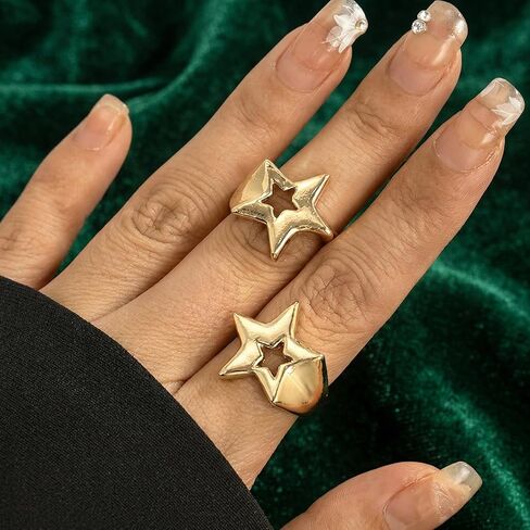 2 حزمة من خواتم النجوم المكتنزة ذات اللون الذهبي للنساء، حلقات إصبع مفتوحة Y2K نجمة، مجوهرات مفصل خماسية قابلة للتعديل لهدايا حفلات الهيب هوب الشرير الرائعة in Kuwait