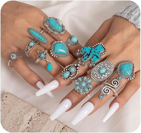 Chunky Turquoise Ring Set for Women Vintage Silver Western Stacked Statement Knuckle Joint Ring Dainty Large Natural Stone Daily Jewelry in Saudi Arabia