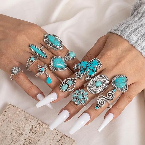 Chunky Turquoise Ring Set for Women Vintage Silver Western Stacked Statement Knuckle Joint Ring Dainty Large Natural Stone Daily Jewelry in Saudi Arabia