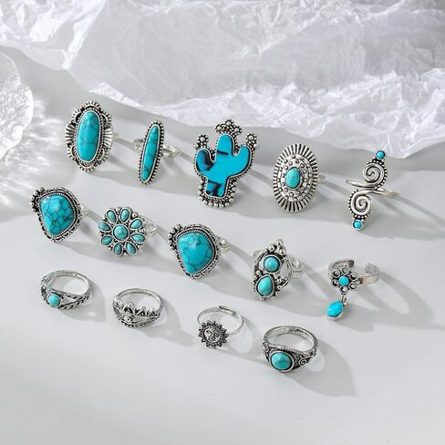 Chunky Turquoise Ring Set for Women Vintage Silver Western Stacked Statement Knuckle Joint Ring Dainty Large Natural Stone Daily Jewelry in Saudi Arabia