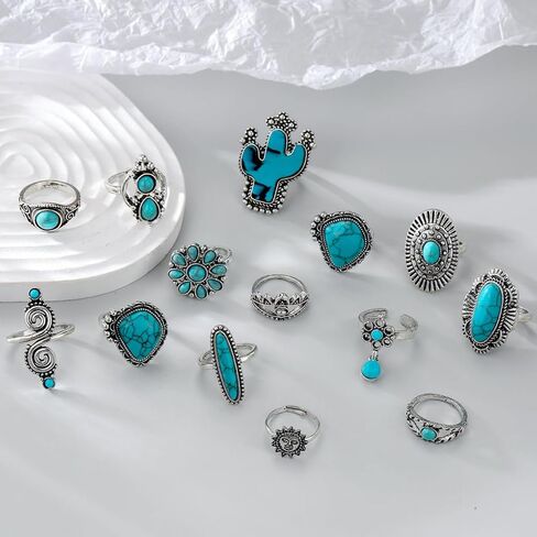Chunky Turquoise Ring Set for Women Vintage Silver Western Stacked Statement Knuckle Joint Ring Dainty Large Natural Stone Daily Jewelry in Saudi Arabia