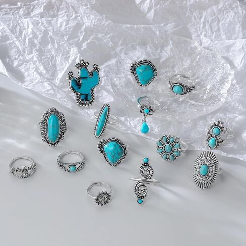 Chunky Turquoise Ring Set for Women Vintage Silver Western Stacked Statement Knuckle Joint Ring Dainty Large Natural Stone Daily Jewelry in Saudi Arabia