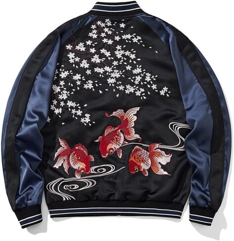 Goldfish Embroidery Bomber Jacket Long Sleeve Vintage Streetwear Oversized Zip Up Windbreaker for Men Women in Kuwait