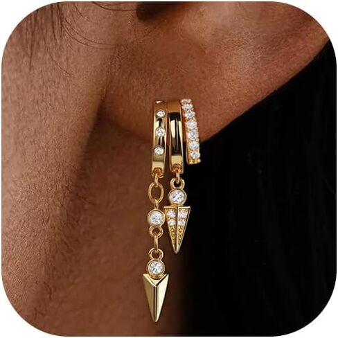 Gold Dangle Earrings for Women, 14k Gold Plated Stacked Triple Hoop Illusion Earrings Cubic Zirconia Huggie Earrings for Women Trendy in Saudi Arabia