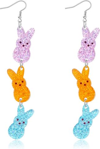 Easter Bunny Earrings for Women Glitter Triple Acrylic Rabbit Drop Dangle Earrings Colorful Easter Jewelry Gifts for Spring Party in Saudi Arabia