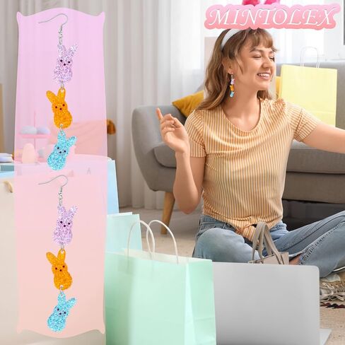 Easter Bunny Earrings for Women Glitter Triple Acrylic Rabbit Drop Dangle Earrings Colorful Easter Jewelry Gifts for Spring Party in Saudi Arabia