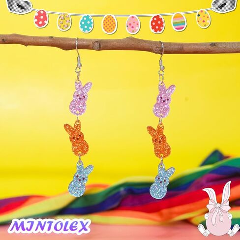 Easter Bunny Earrings for Women Glitter Triple Acrylic Rabbit Drop Dangle Earrings Colorful Easter Jewelry Gifts for Spring Party in Saudi Arabia