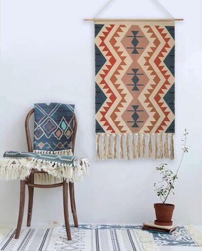 Macrame Woven Wall Tapestry Hanging Art, 20x34 Extra Large Boho Chic Bohemian Morocco Blue Orange Triangle Pyramid Geometric Tapestries Decor for Apartment Dorm Kids Living Room Bedroom Door Entrance in Saudi Arabia