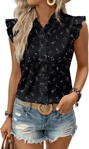 Astylish Womens 2026 Floral Chiffon Blouses V Neck Ruffle Sleeve Fitted Tops Boho Chic Tank Shirts in Saudi Arabia