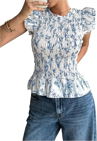 SOLY HUX Women's Floral Shirred Blouse Cap Sleeve Smocked Ruffle Vacation Going Out Tops Shirt in Saudi Arabia