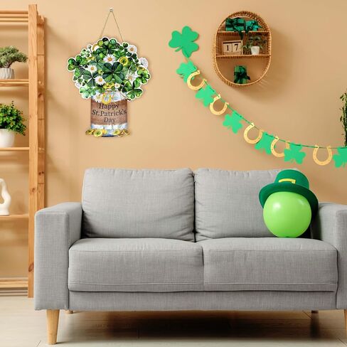 Welcome St. Patrick's Day Door Hanger Shamrock Wooden Hanging Sign Lucky Irish Wood Wreath Decor for Party Front Door Wall Home Decorations in Saudi Arabia