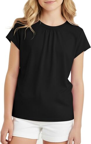PATPAT Girls Pleated Short Sleeve T Shirt Summer Crewneck Plain Shirts Casual Fashion Preppy Tops Tees for Girl 5-16 Years in Saudi Arabia
