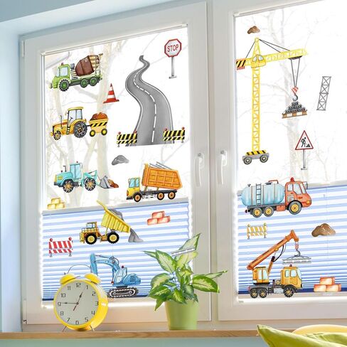 Cartoon Truck Window Clings Construction Vehicle Static Glass Decal Double-Side Peel and Stick for Kids Room Nursery Windows in Saudi Arabia