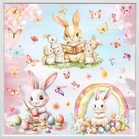 Large Easter Window Clings, 3 Sheets Static Cute Easter Egg Bunny Windows Clings for Glass Window Decor, Double-Sided Decorations with Flowers Butterflies for Home Office Party Supplies in Saudi Arabia