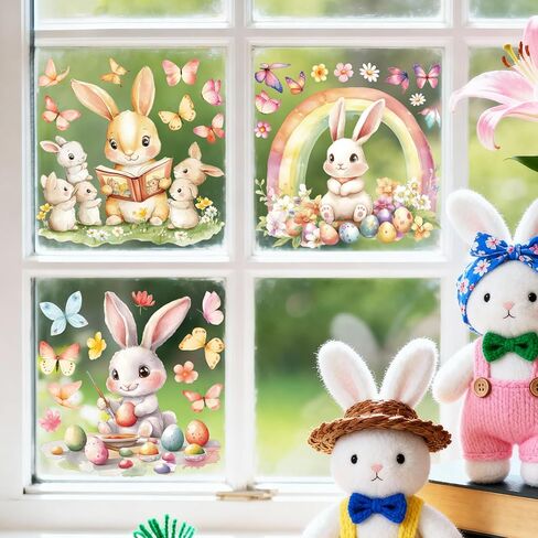 Large Easter Window Clings, 3 Sheets Static Cute Easter Egg Bunny Windows Clings for Glass Window Decor, Double-Sided Decorations with Flowers Butterflies for Home Office Party Supplies in Saudi Arabia